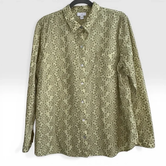 J. Jill Size L Olive Green Floral Embroidered Button-Up Blouse Boho Cotton Top - Picture 1 of 9